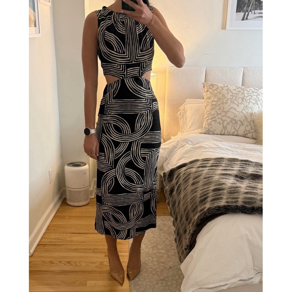MNG Mango Cut Out Midi Dress Womens 6 Black White Geometric Sleeveless Earthy